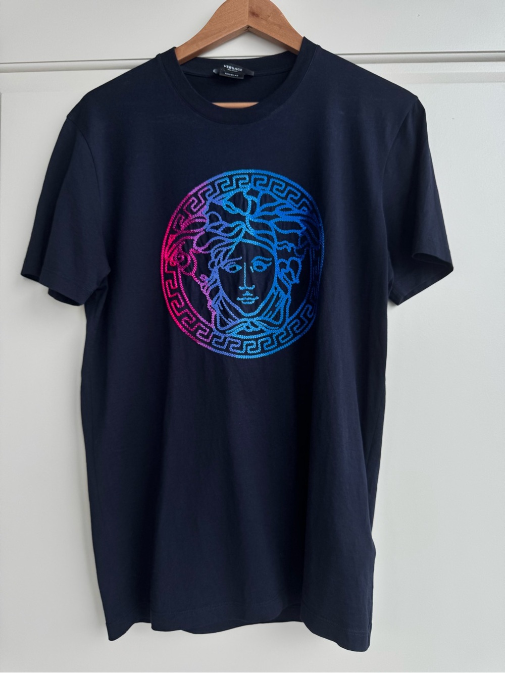 Versace Black T-Shirt with Pink-to-Blue Medusa Crest